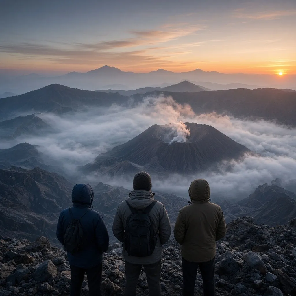 Tiga orang berjaket menonton matahari terbit di atas kaldera berkabut dengan kawah berasap