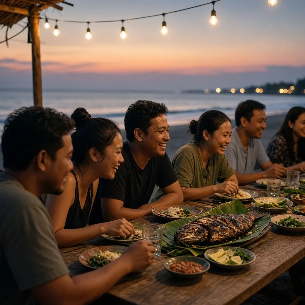 Enam orang makan ikan bakar bersama di meja panjang di tepi pantai saat senja