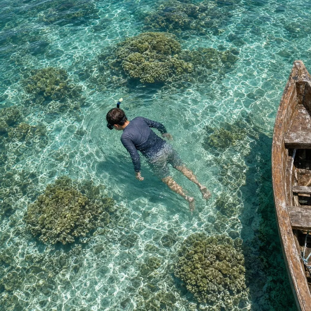 Seorang peserta snorkel di air dangkal yang jernih, dilihat dari atas